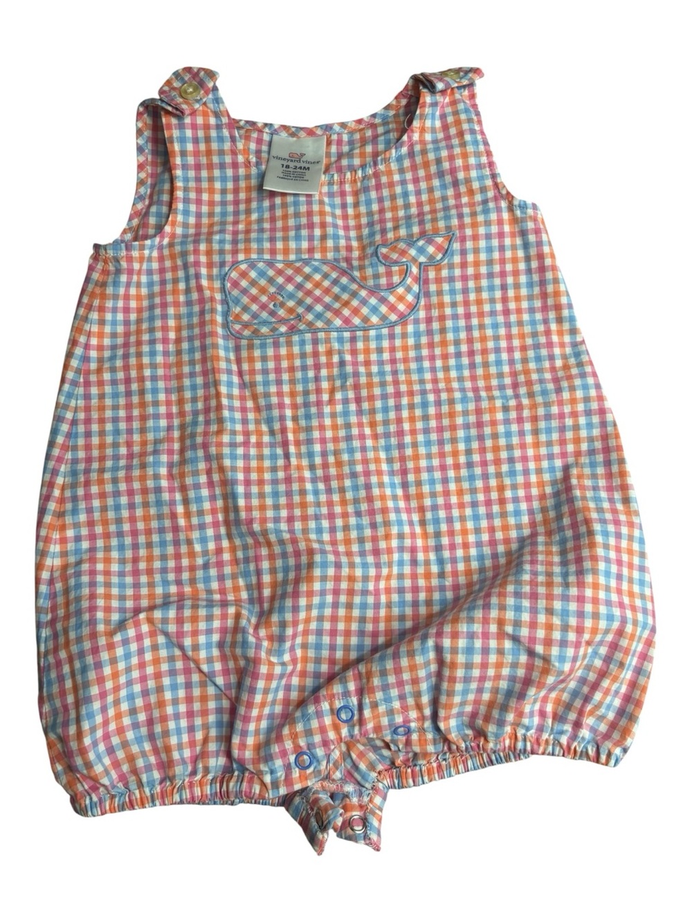 VINEYARD VINES Multicolor Gingham Pocket Baby Whale Bubble Romper Size 12/18m